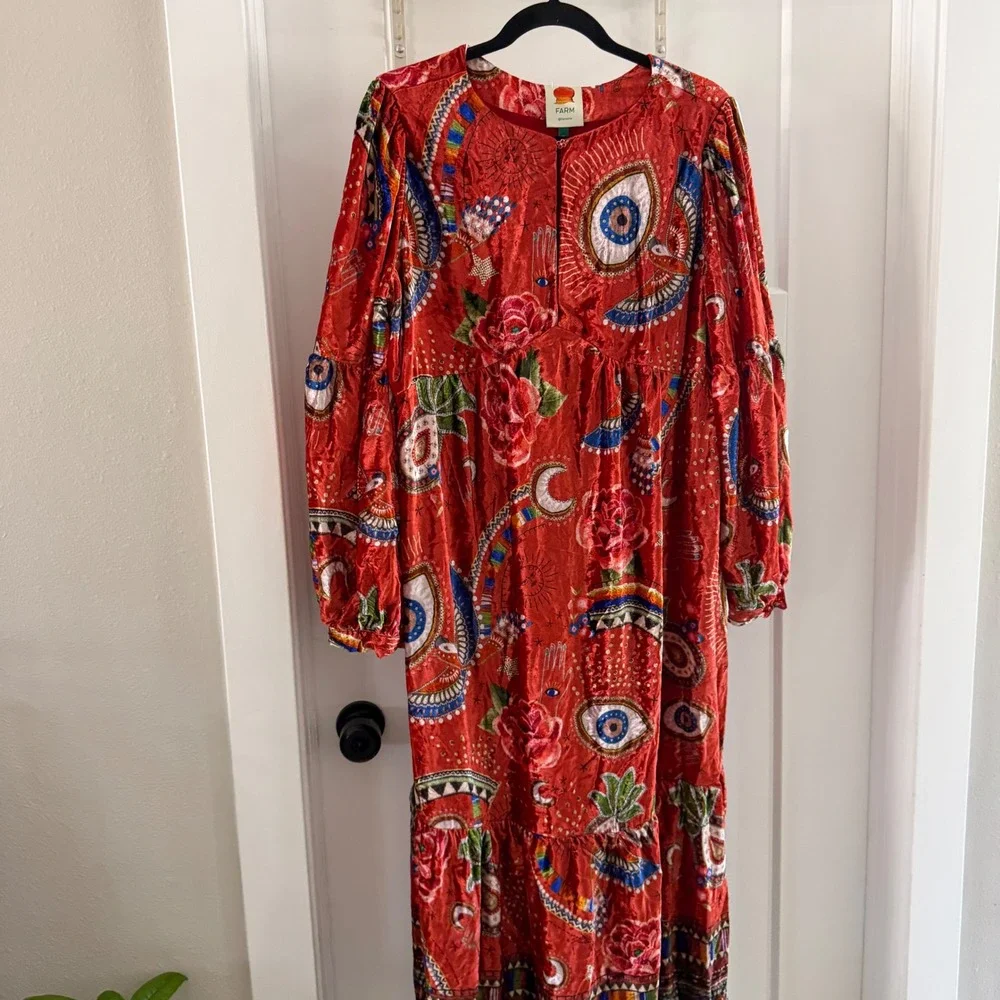 NWT Farm Rio Mystic Red Velvet Maxi Dress XL Long Sleeve Celestial Evil Eye Boho - Picture 6 of 7